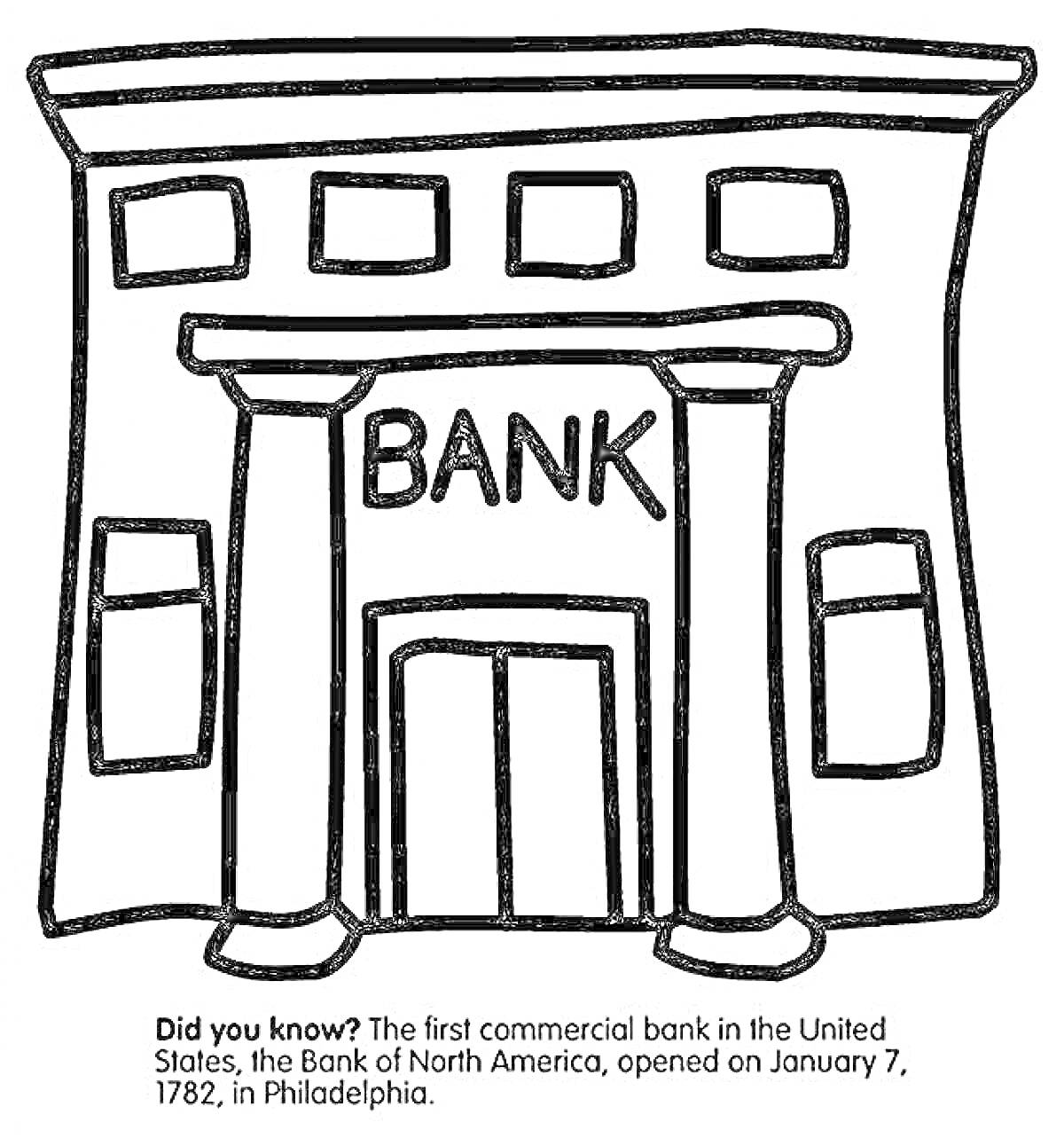 Раскраска Фасад банка с колоннами, надпись 'BANK', окна, дверь