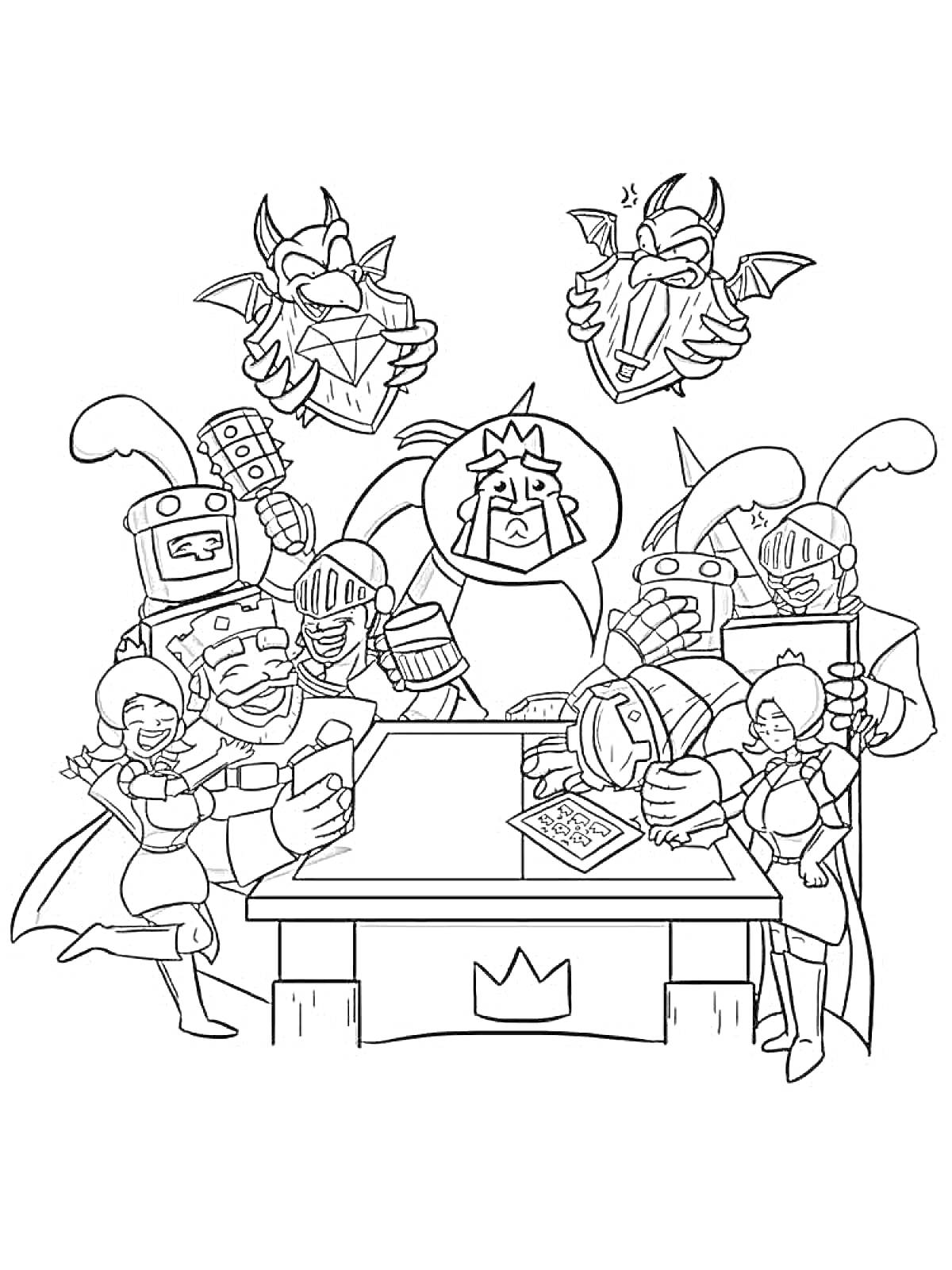 На раскраске изображено: Клеш Роял, Стол, Рыцари, Король, Карта, Персонаж