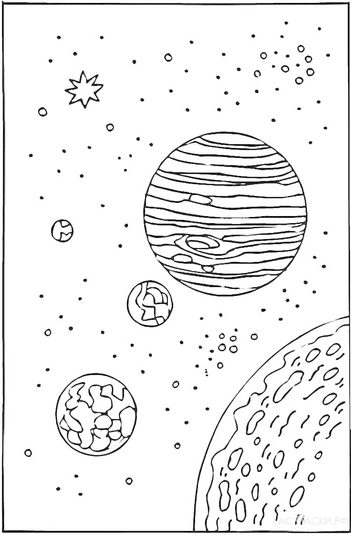 На раскраске изображено: Планеты, Космос, Астероиды, Астрономия, Галактика