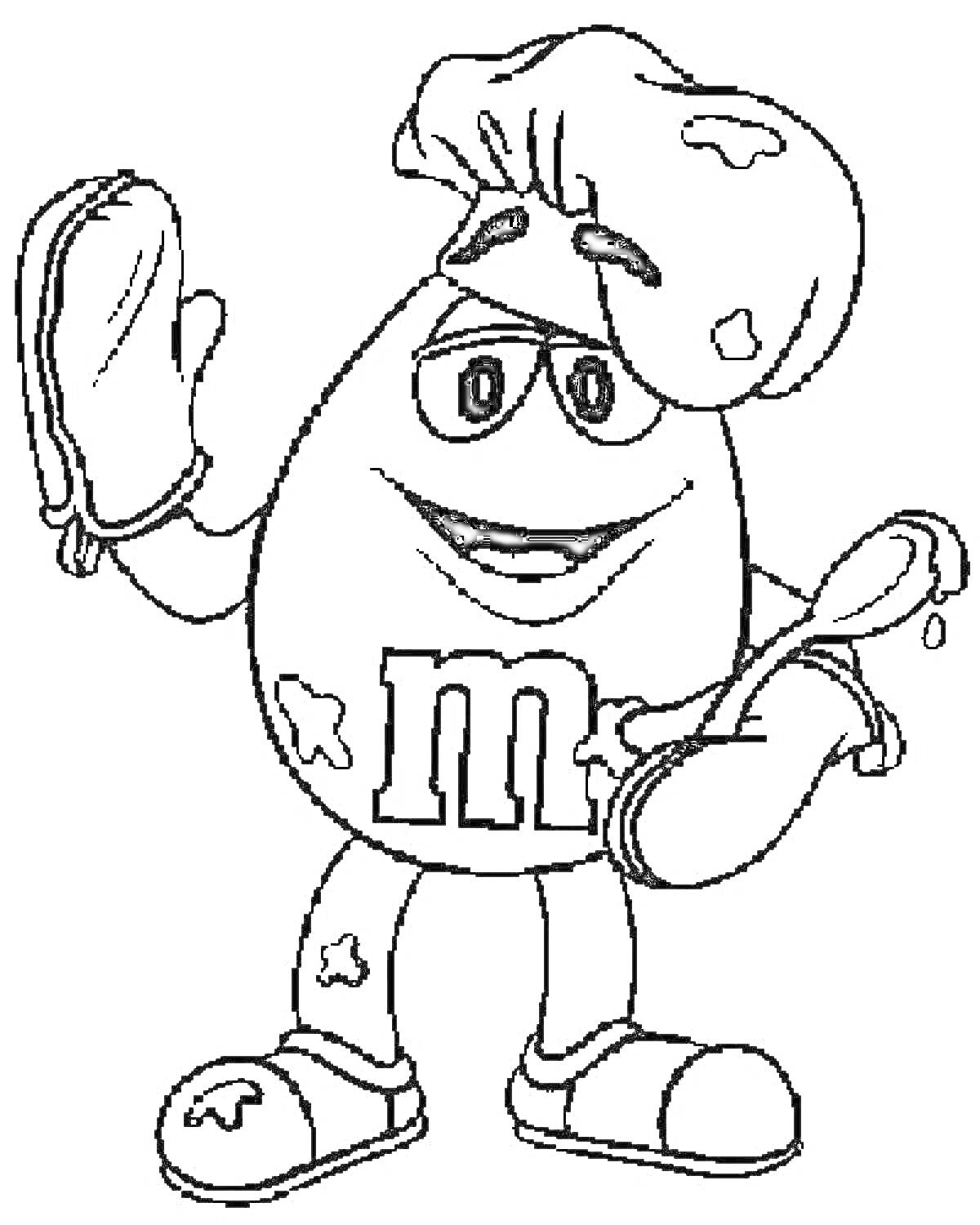 Раскраска М&M персонаж с поварским колпаком, прихваткой и поварешкой