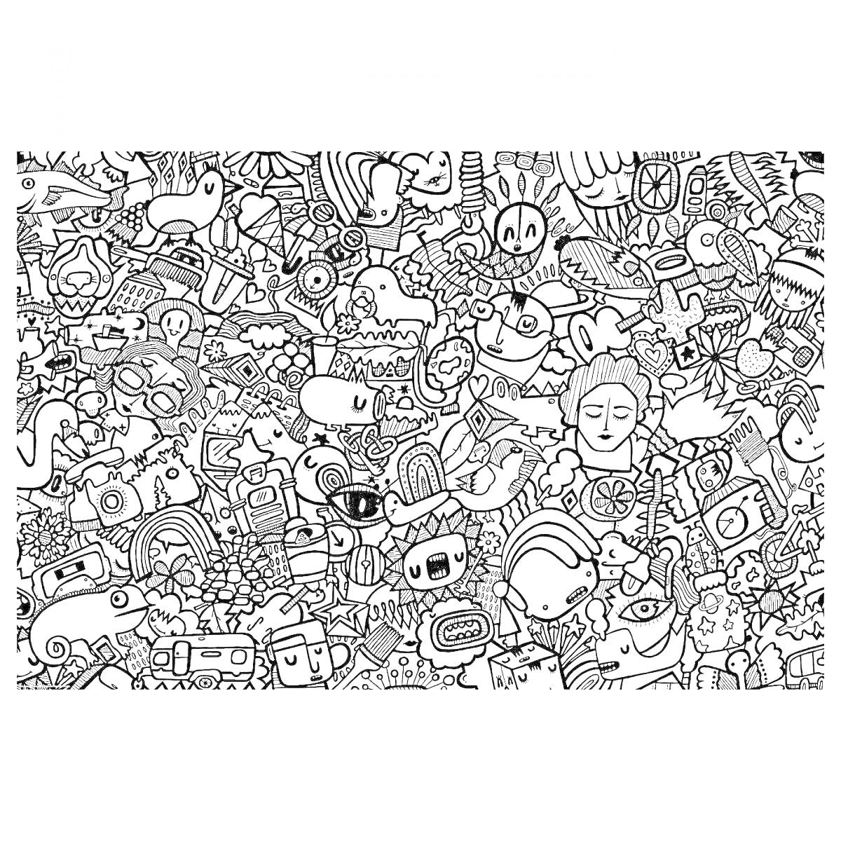 Раскраска Раскраска Икеа с разнообразными элементами, такими как животные, еда, растения, персонажи