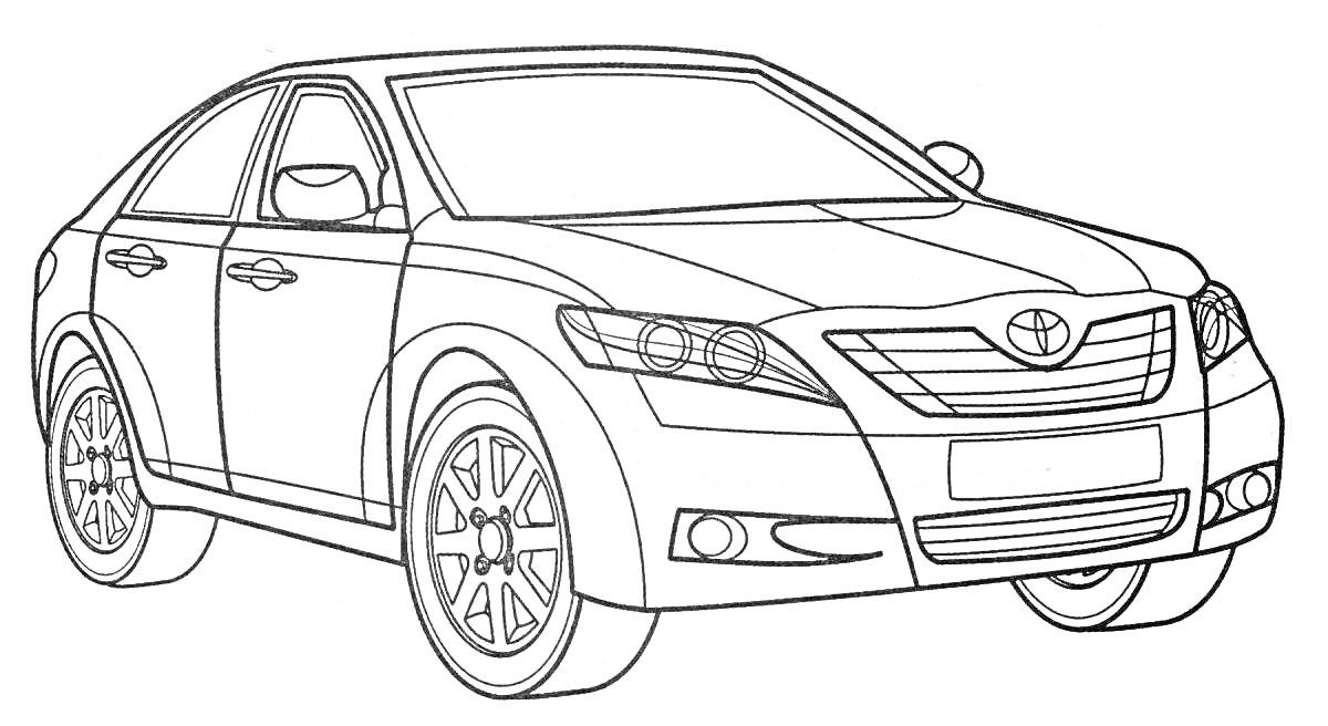 Раскраска Легковой автомобиль с 4 дверями и передними фарами, вид спереди-сбоку