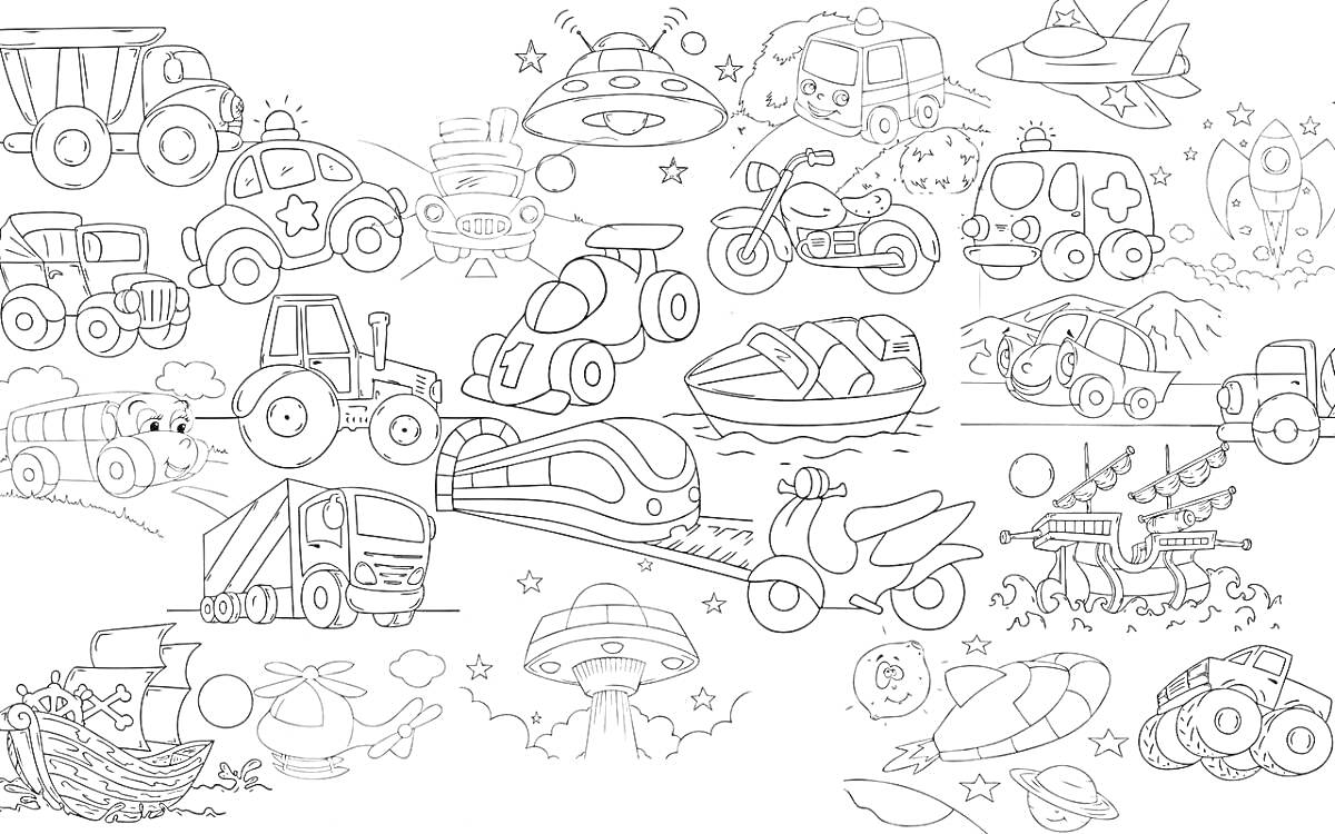 На раскраске изображено: Транспорт, Самолеты, Лодка, Подводная лодка, Поезд, Воздушные шары, Парашютист, Трактор, Вертолет, Спецтехника, Для детей, Мотоцикл, Авто, Грузовая машина