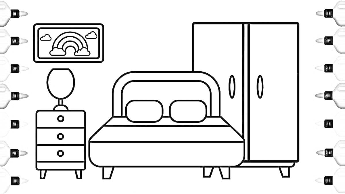 Раскраска Спальня с кроватью, тумбочкой, лампой, шкафом и картиной