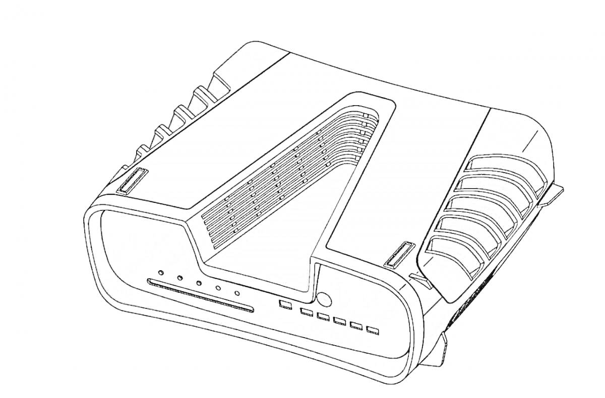 РаскраскаРаскраска с изображением игровой консоли PS5, вид сверху и сбоку, подробности дизайна с вентиляционными отверстиями и портами.