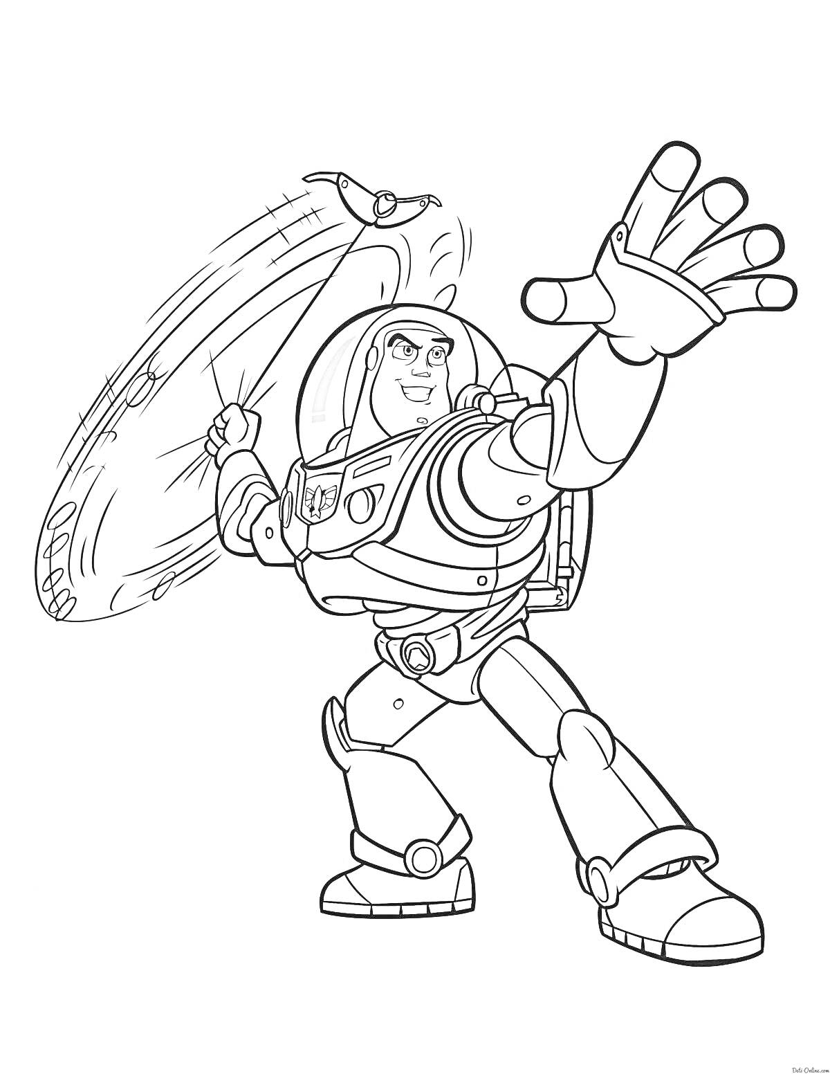 Раскраска Космический герой в боевой стойке, левитирующая доска за спиной, правая рука поднята с открытой ладонью.