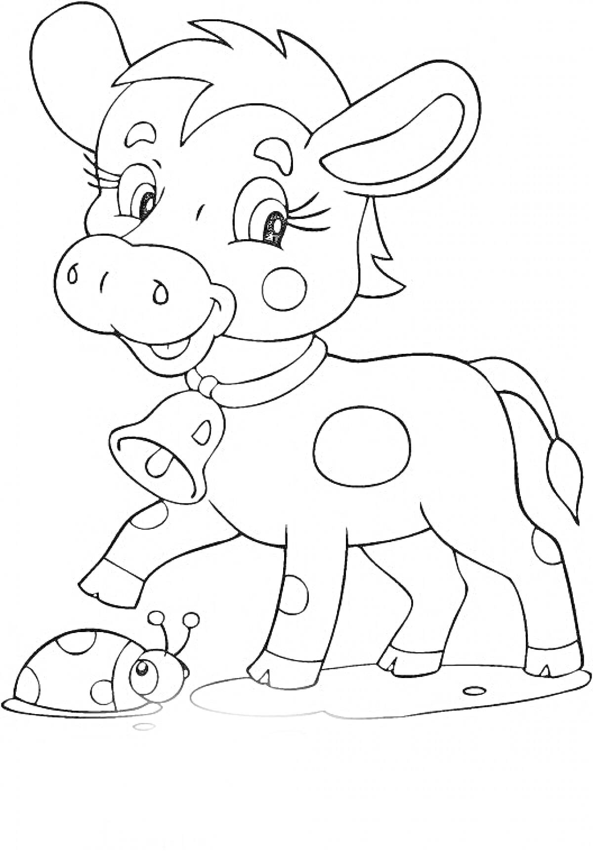 Раскраска Теленок с ошейником и божьей коровкой