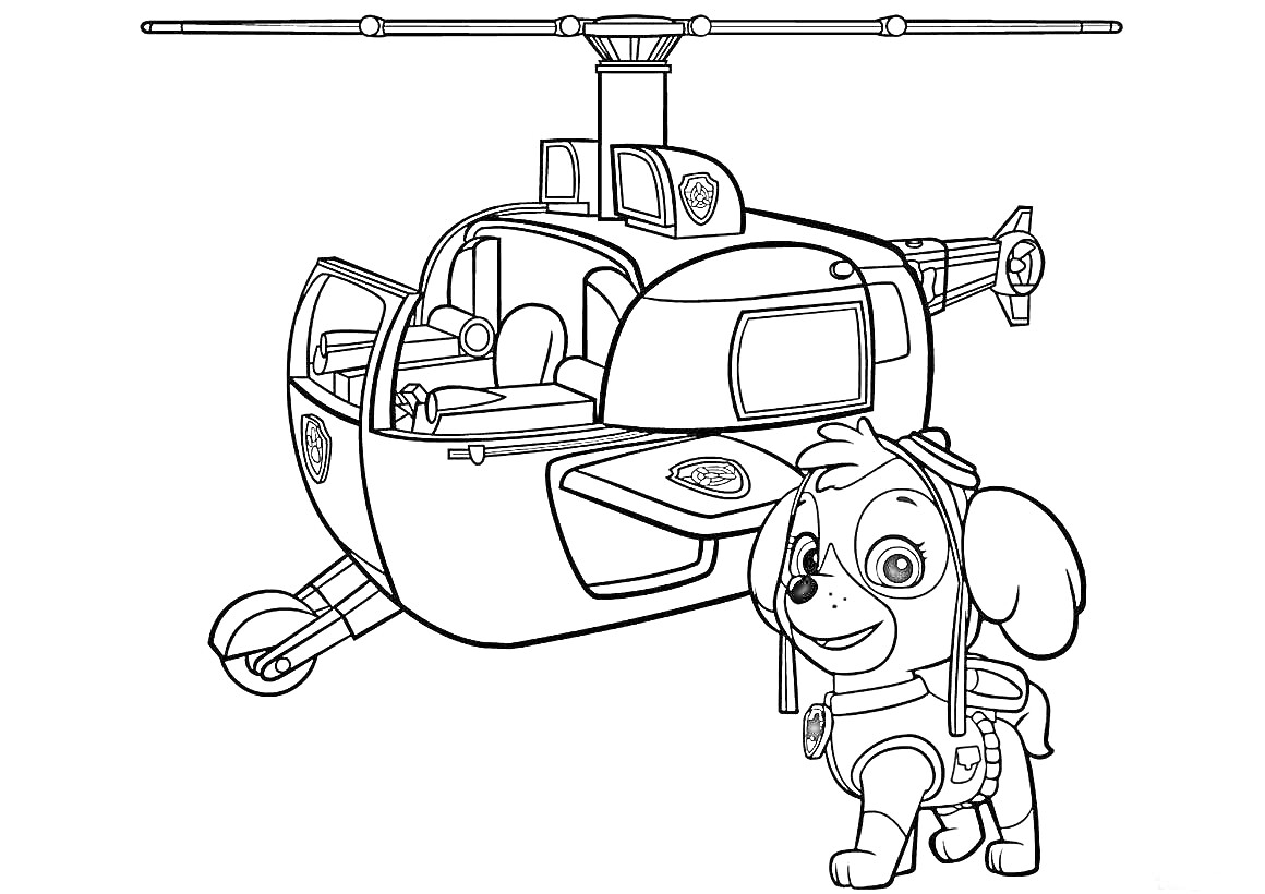 Раскраска Вертолет с собакой в очках, стоящей рядом