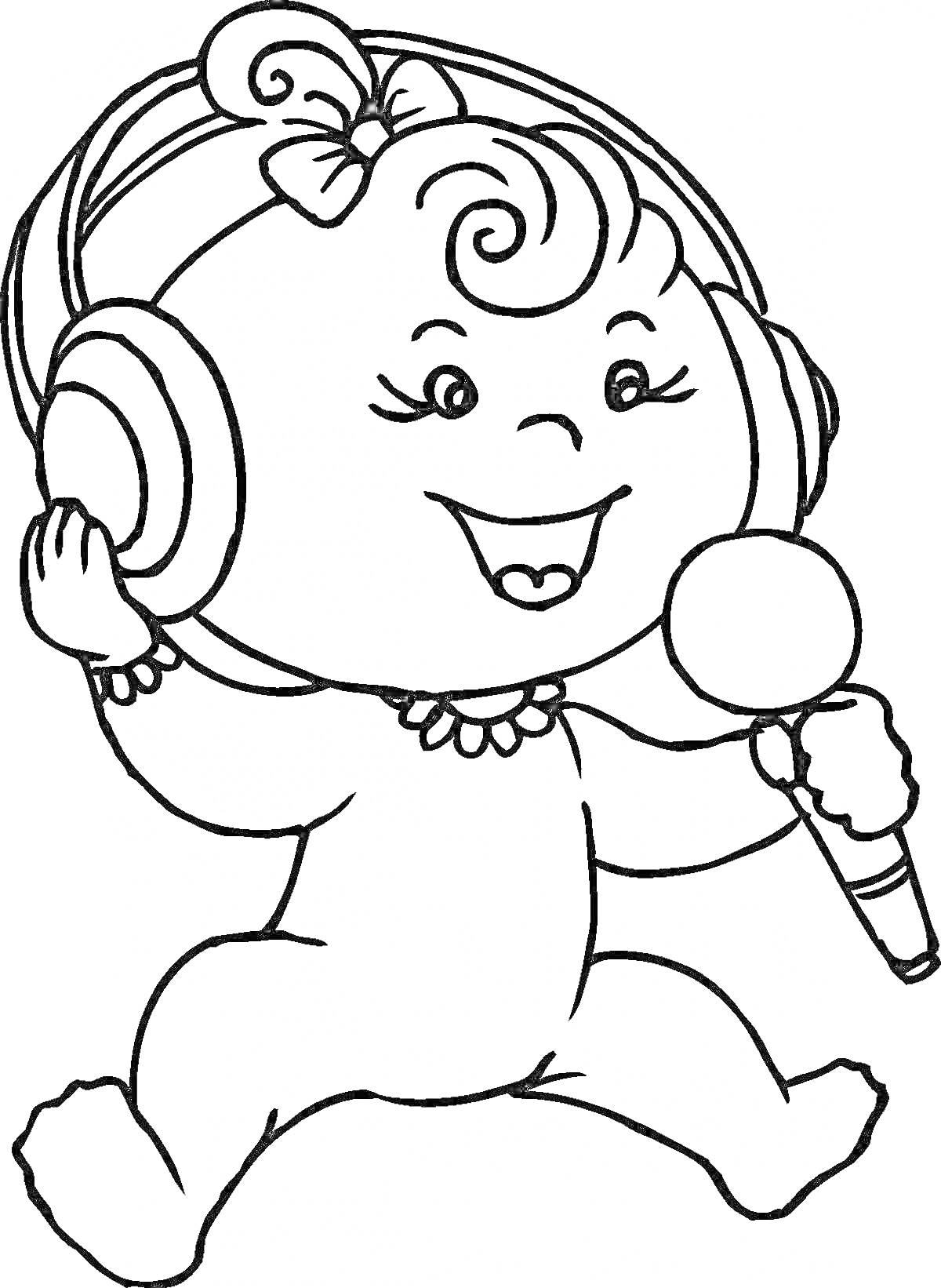 Раскраска Ребенок с бантом, слушающий музыку в наушниках и поющий в микрофон