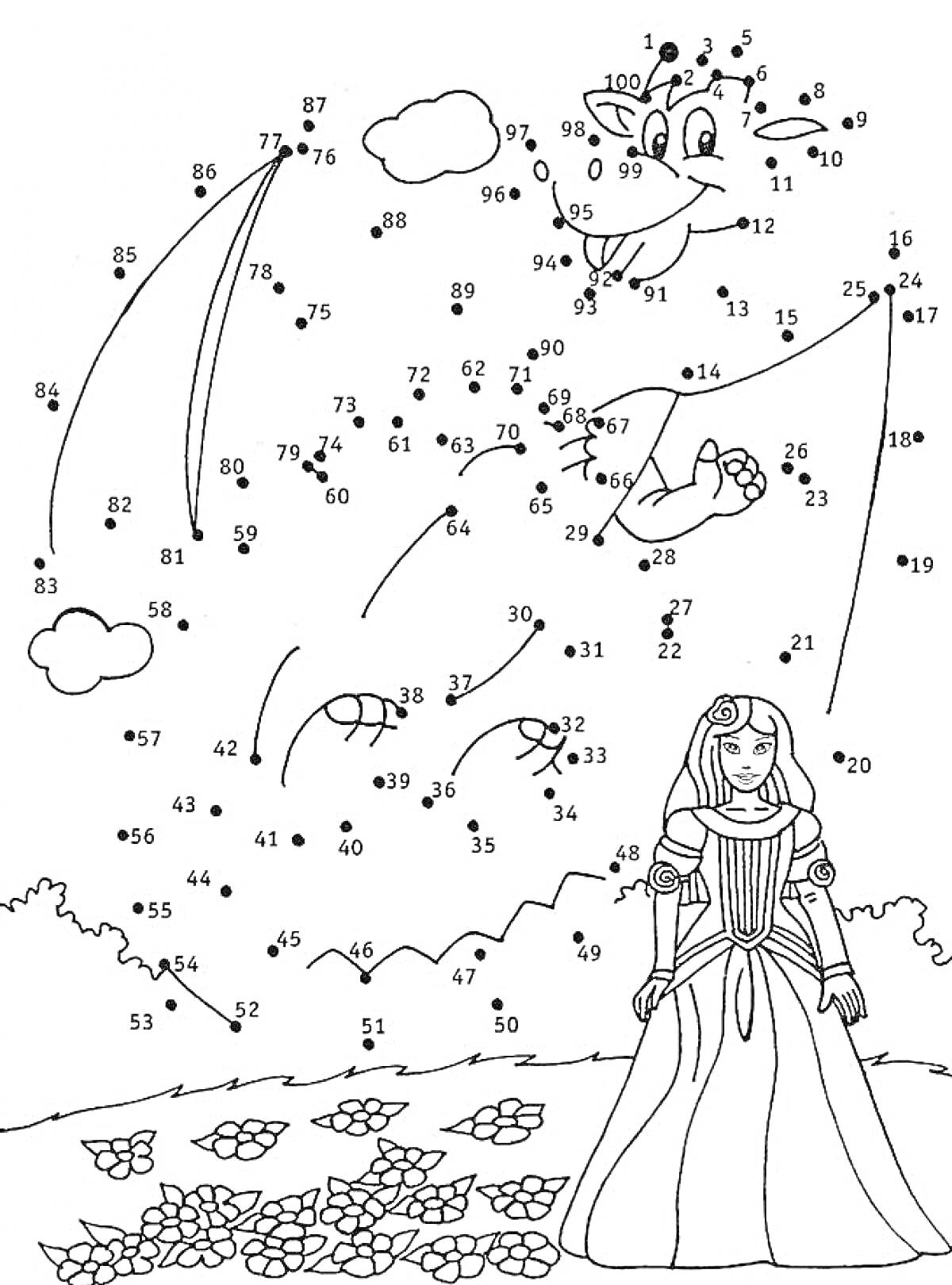На раскраске изображено: По точкам, 7 лет, 8 лет, Принцесса, Дракон, Цветы, Облака, Холмы, Природа