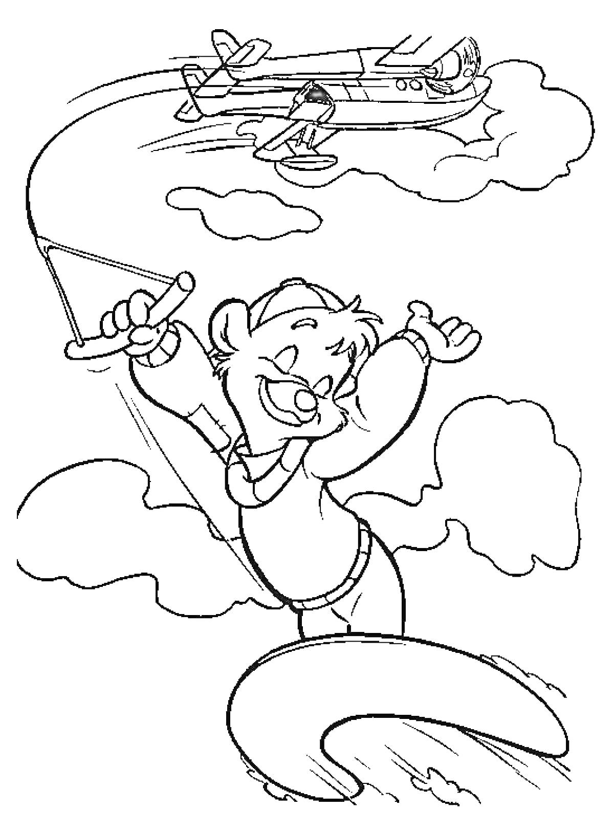 Раскраска Радующийся персонаж с хвостом, держащийся за пропеллер и самолётом на заднем плане