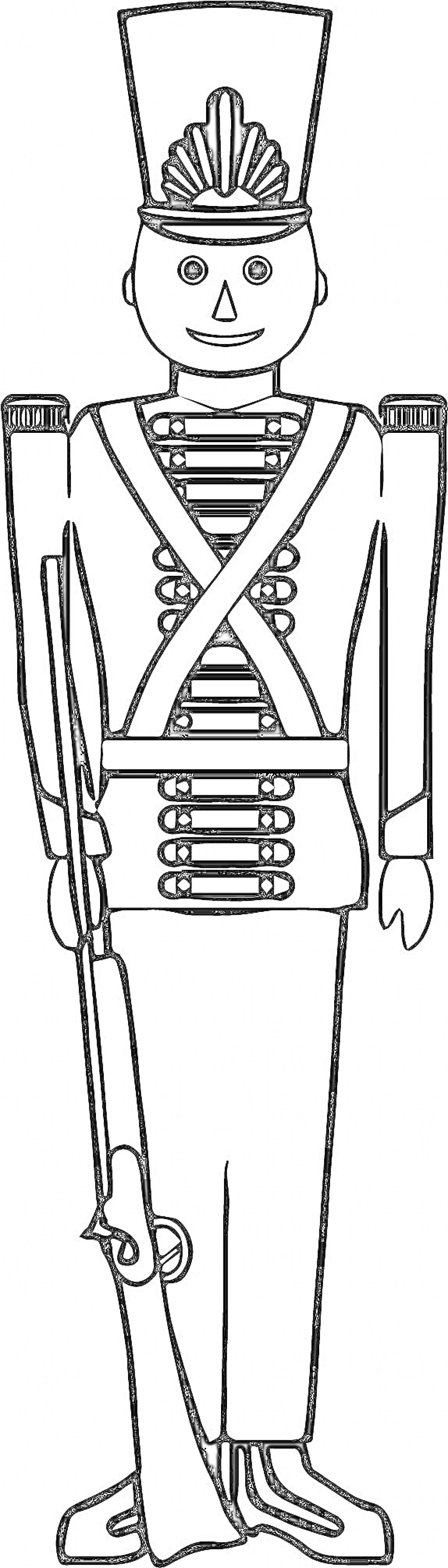 Раскраска оловянный солдатик с ружьём и высокой шляпой