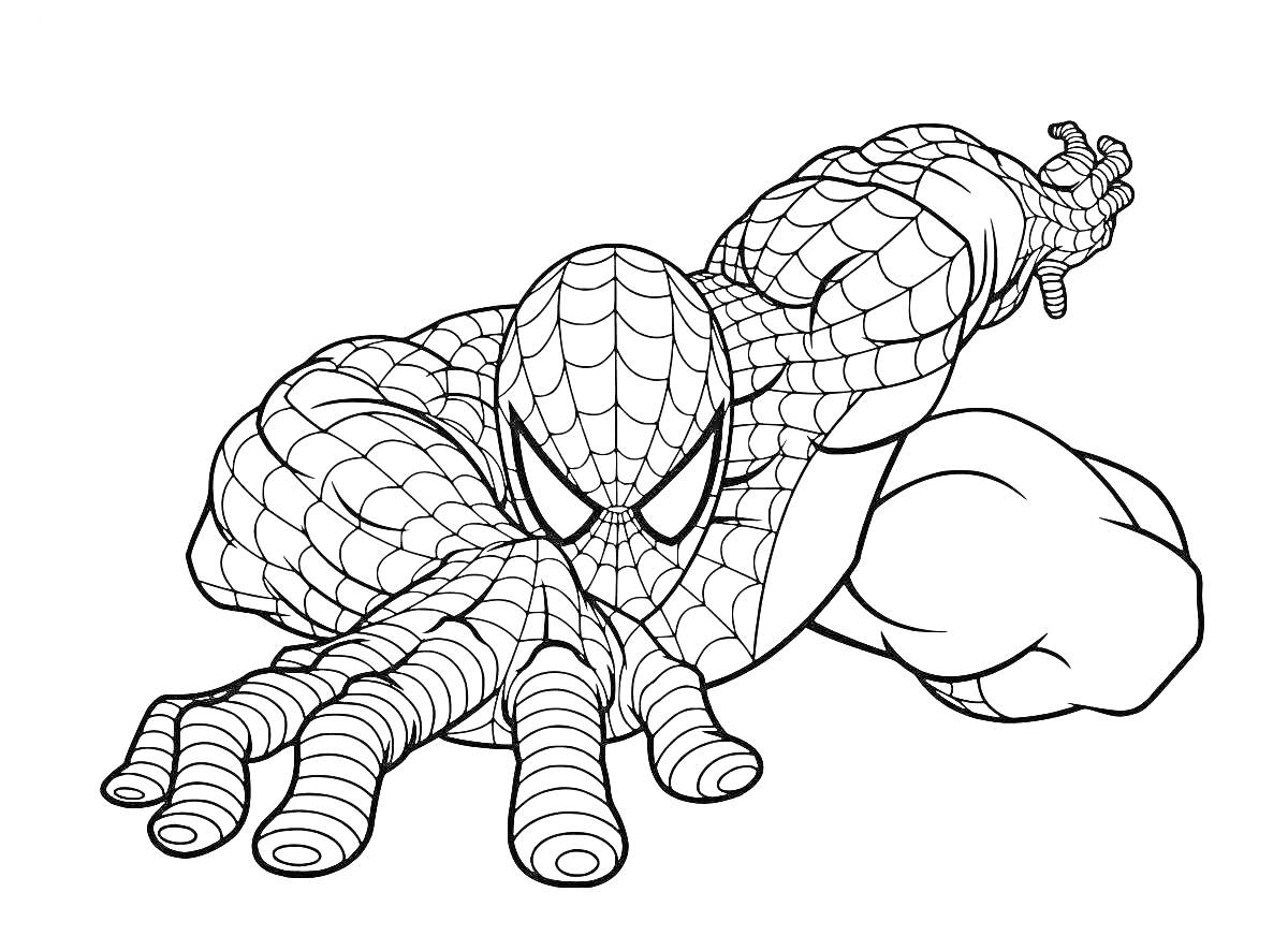 Раскраска Человек-паук в динамичной позе с протянутой рукой