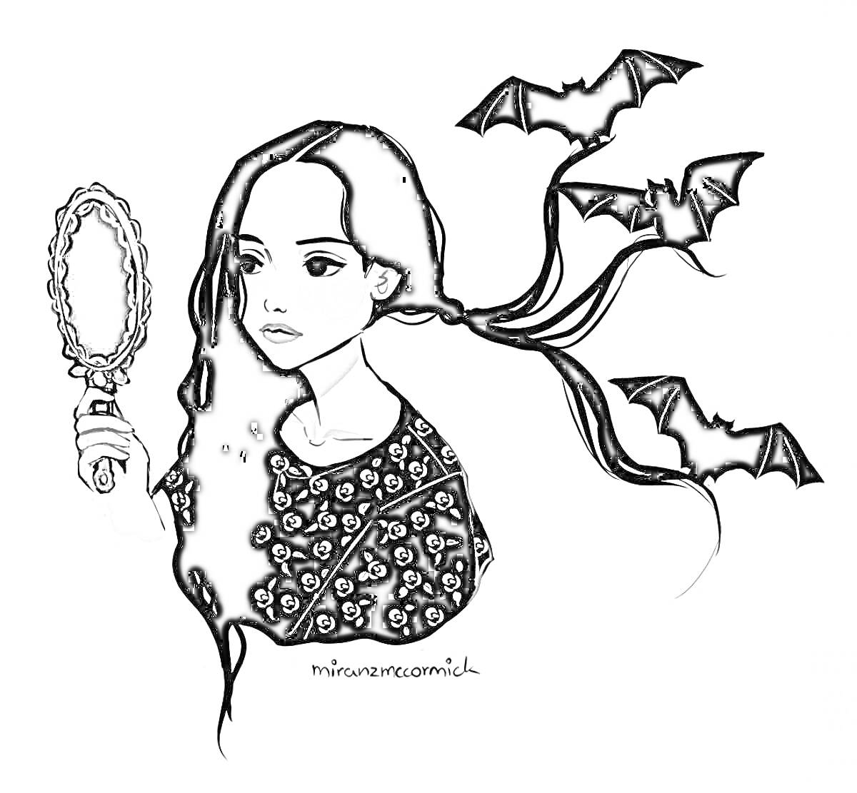 Девушка с длинными черными волосами, держит зеркало, черные летучие мыши, черный наряд с узором черепов