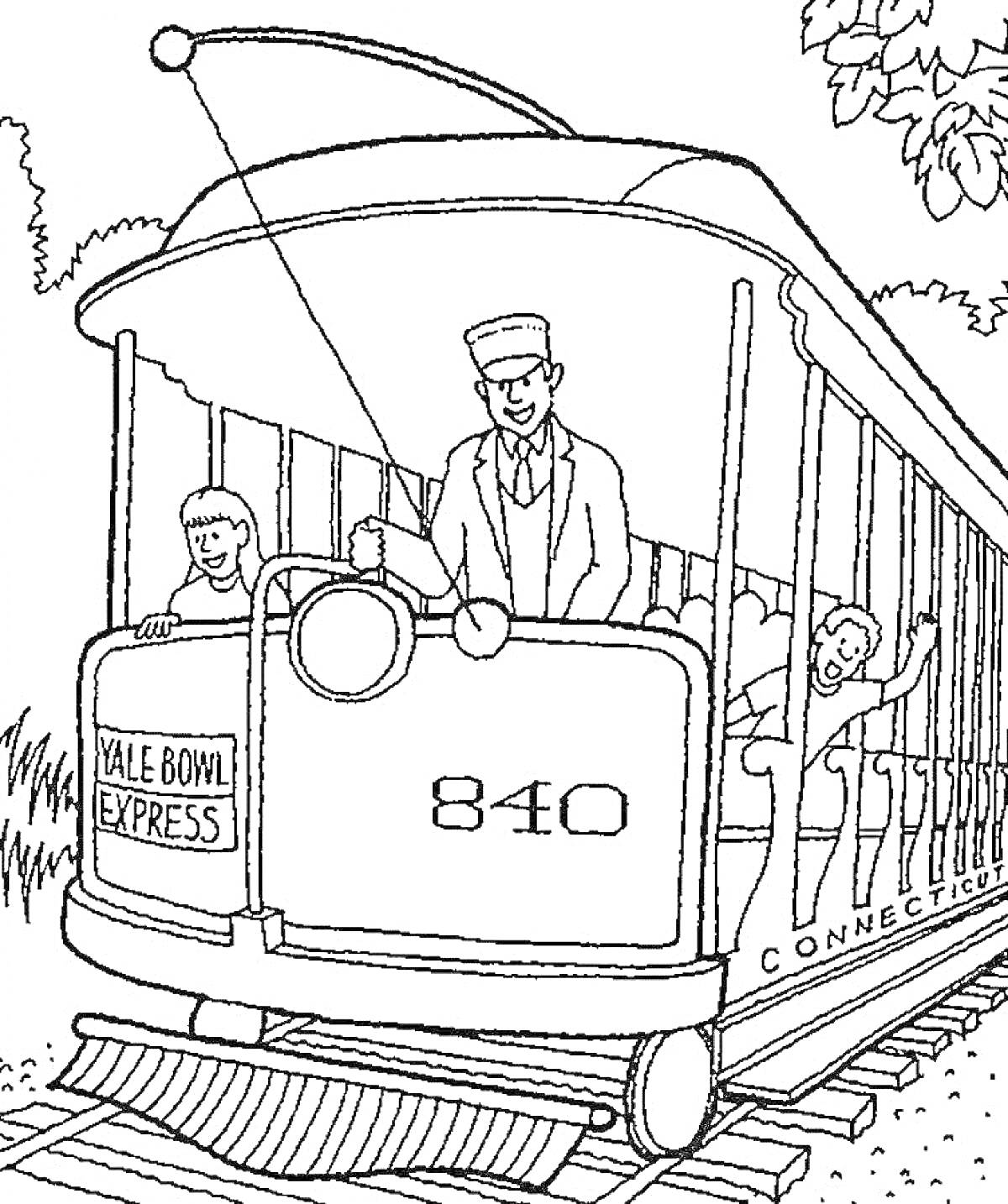 На раскраске изображено: Трамвай, Водитель, Профессия, Пассажиры, Транспорт, Развлечения, Рельсы
