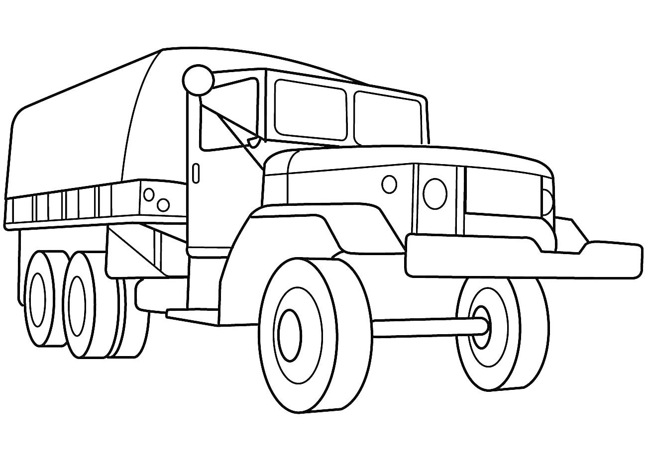 На раскраске изображено: Военная техника, Тент, Колеса, Транспорт, Армия, Грузовая машина