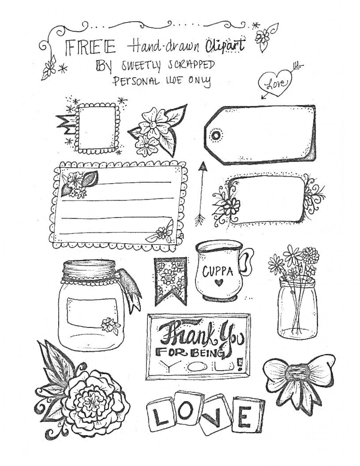 На раскраске изображено: Наклейки, Личный дневник, Цветы, Рамки, Чайники, Декоративные элементы, Для девочек, Прикольные