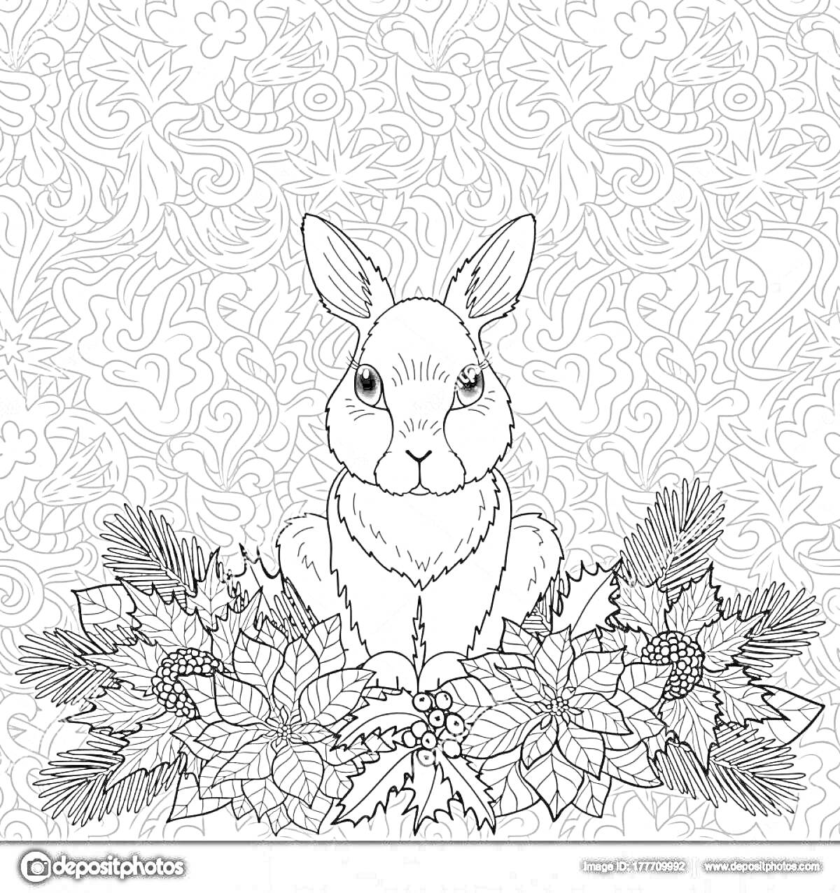 Раскраска Кролик на фоне орнамента с новогодними украшениями, еловыми ветками и пуансеттией