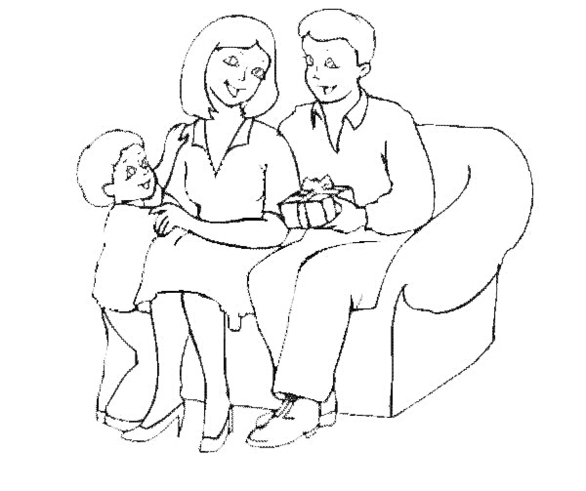 Раскраска Семья на диване с подарком от ребенка папе