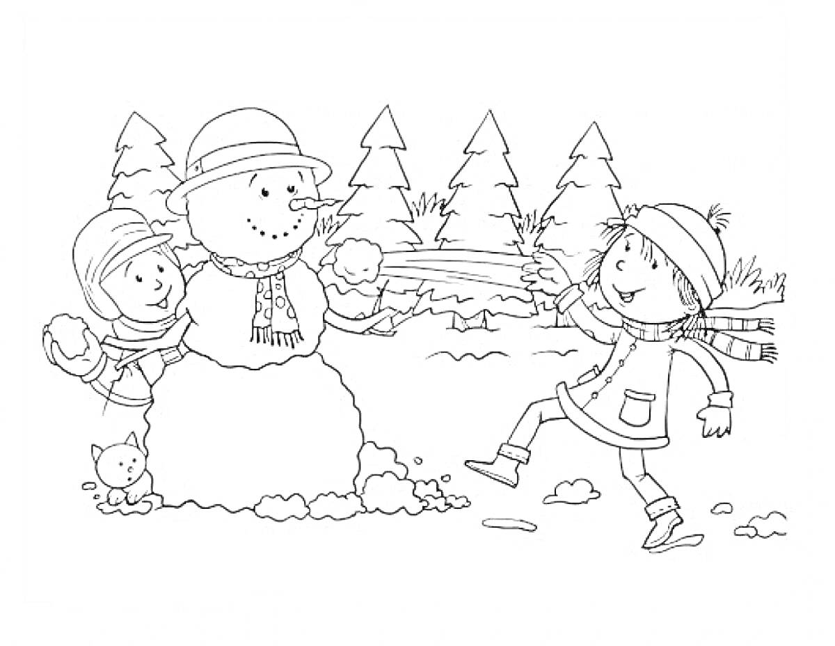 Раскраска Дети играют в снежки возле снеговика в зимнем лесу