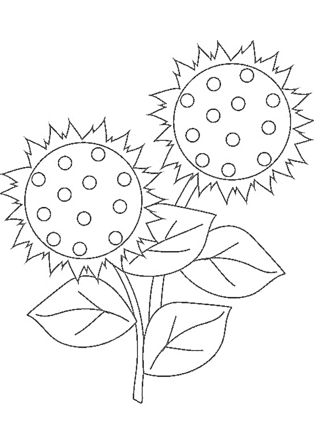 Раскраска Два подсолнуха с листьями
