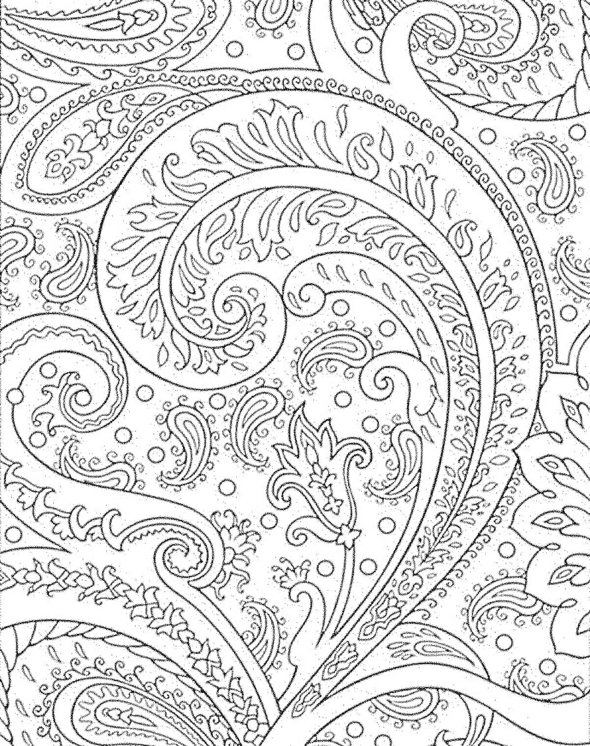Раскраска Пейсли с завитками и цветочными элементами на фоне множества мелких узоров