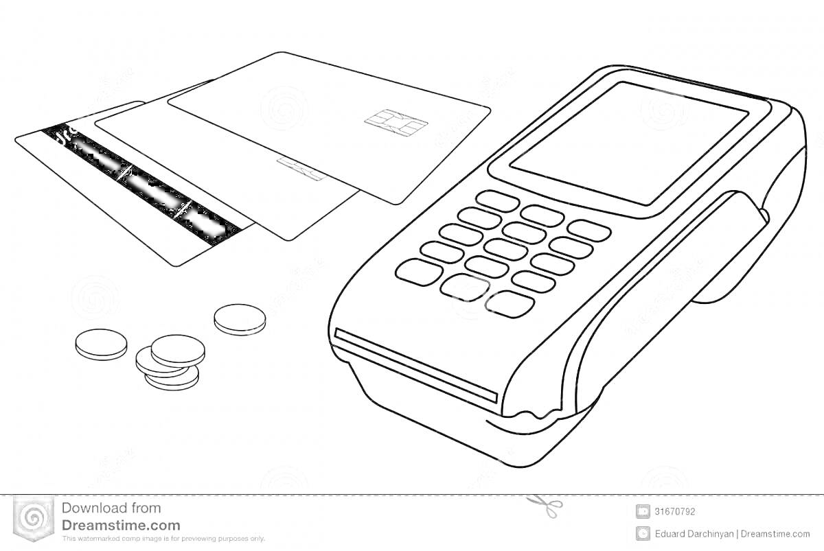 Раскраска Платежный терминал с банковскими картами и монетами