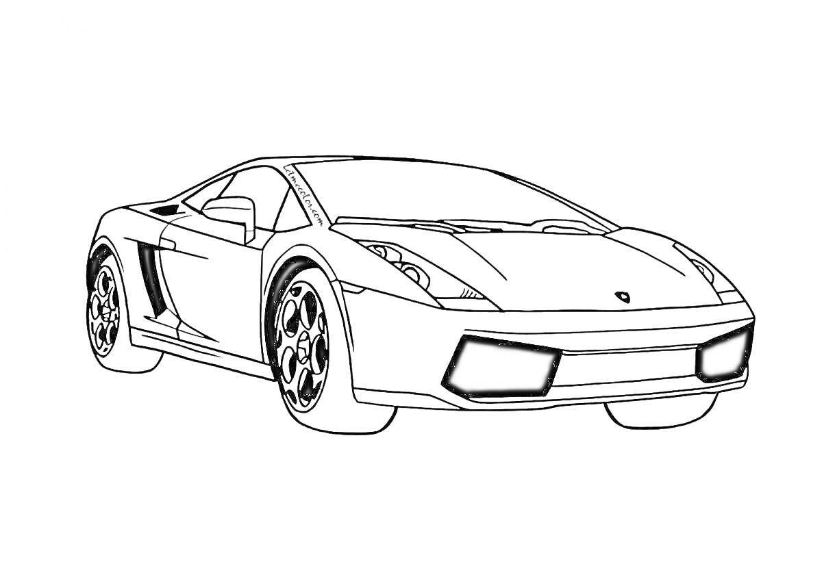 Контурная раскраска Lamborghini Gallardo, вид спереди с изображением фар, колёс и переднего бампера