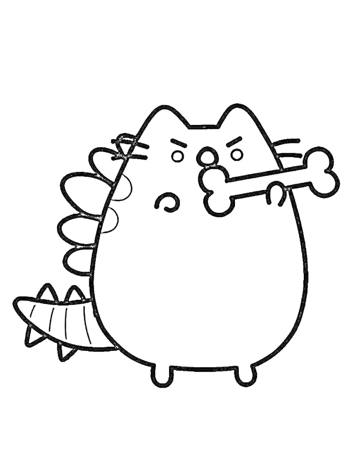 Раскраска Кот Пушин в костюме дракона с костью в зубах