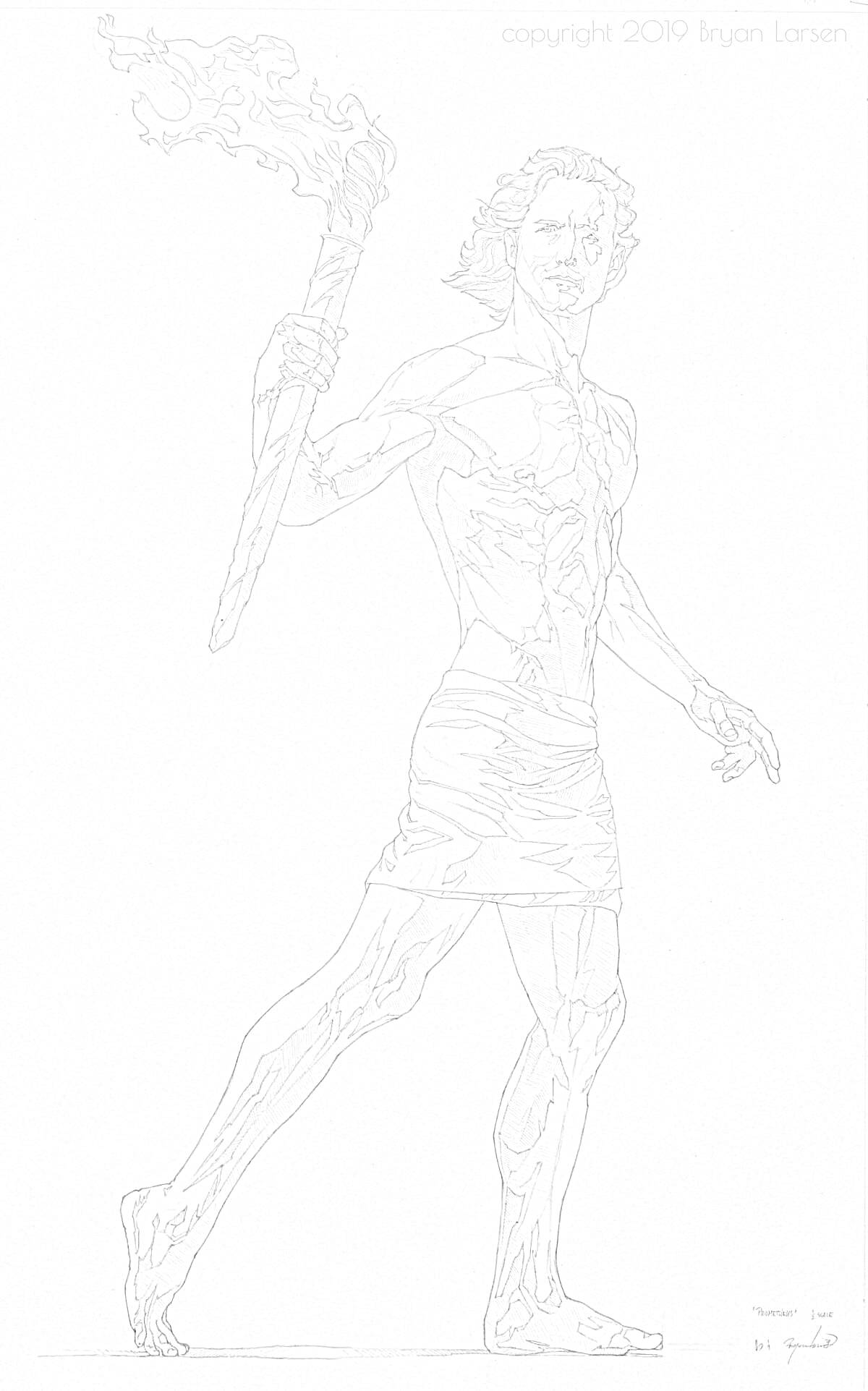 Раскраска Прометей с факелом, человек, стоящий с поднятой рукой, на нём набедренная повязка