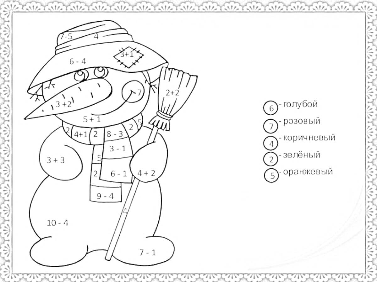 Раскраска Снеговик с шляпой и метлой, раскраска-считалка с заданиями на вычитание