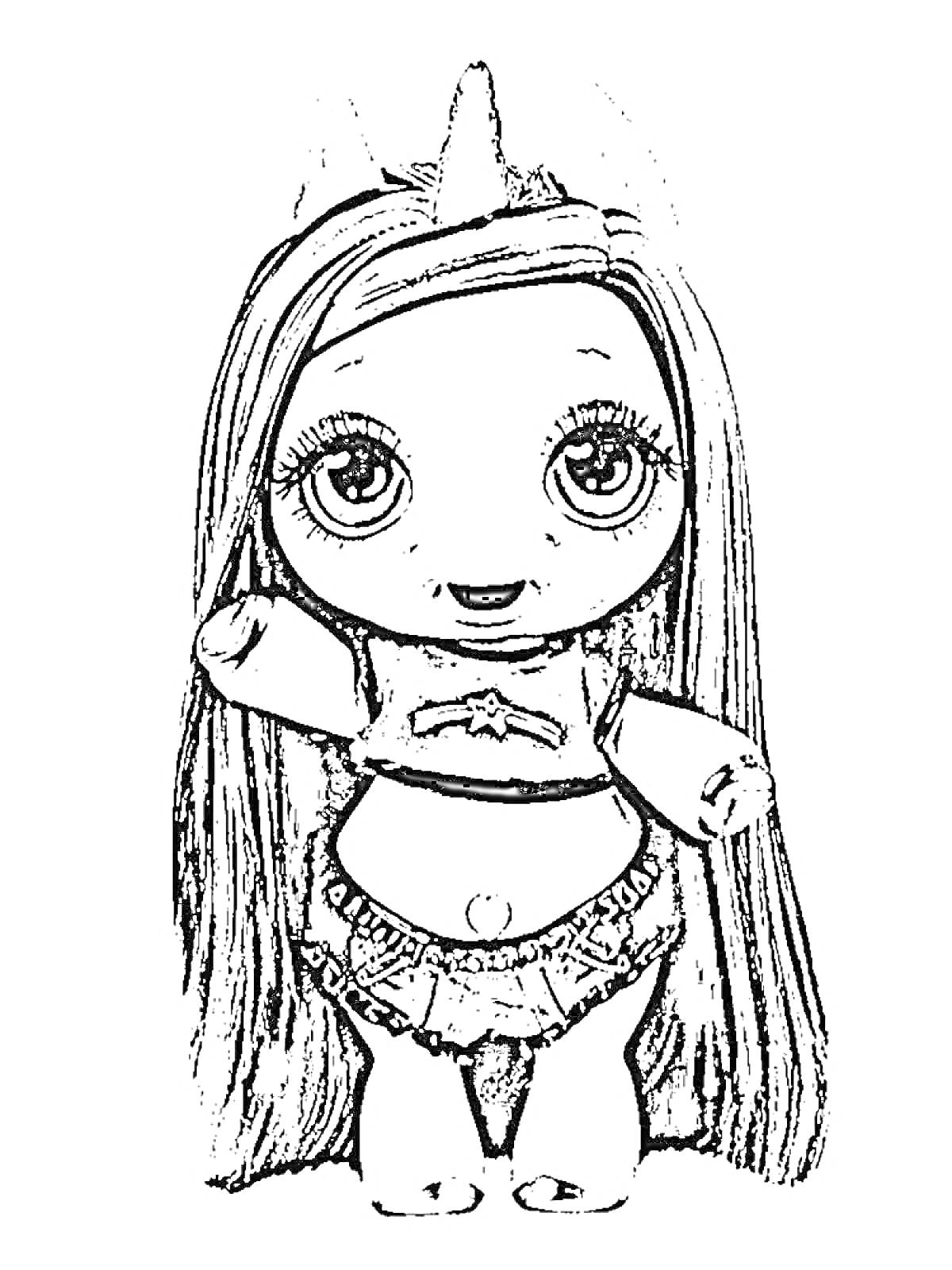 Кукла Пупси Слайм в юбке и кофточке с длинными волосами и рогом единорога
