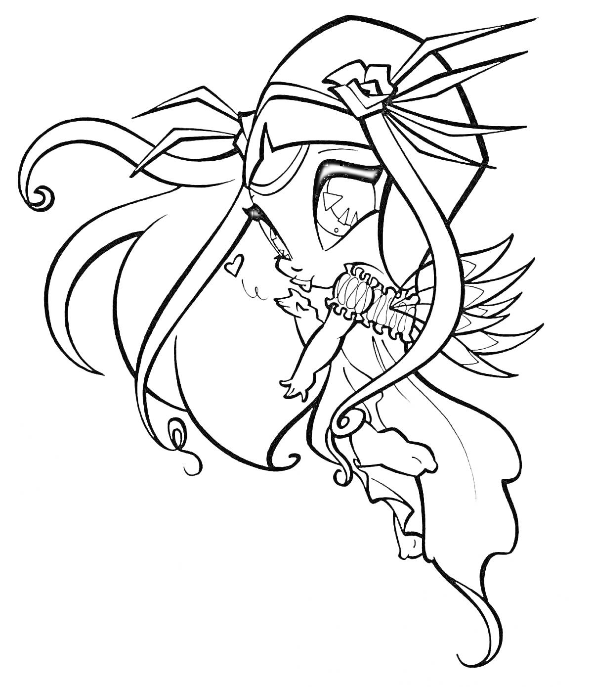 Пикси Винкс в полете с украшением на голове, распущенными волосами, крыльями и длинным платьем