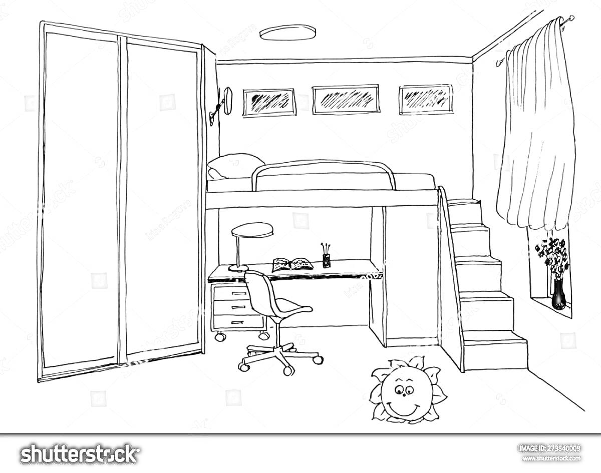 На раскраске изображено: Письменный стол, Офисное кресло, Шкаф, Лестница, Окна, Занавески, Ваза с цветами