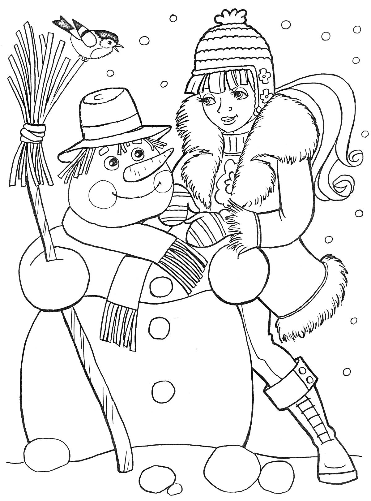 Раскраска Снеговик и девочка с прутиками, снегирь, зима