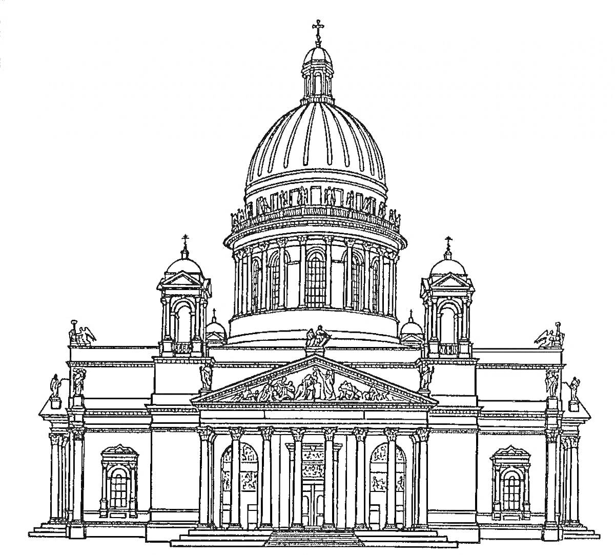 Раскраска Исаакиевский собор с куполом, колоннами, окнами и барельефами