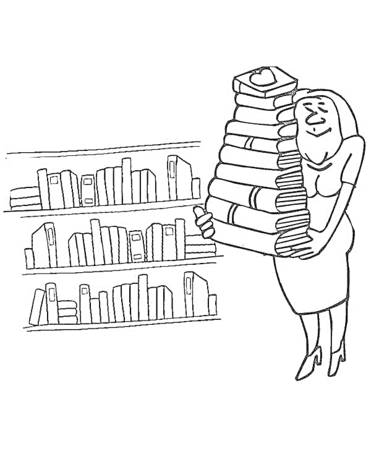 Раскраска Женщина с книгами на фоне полок в библиотеке