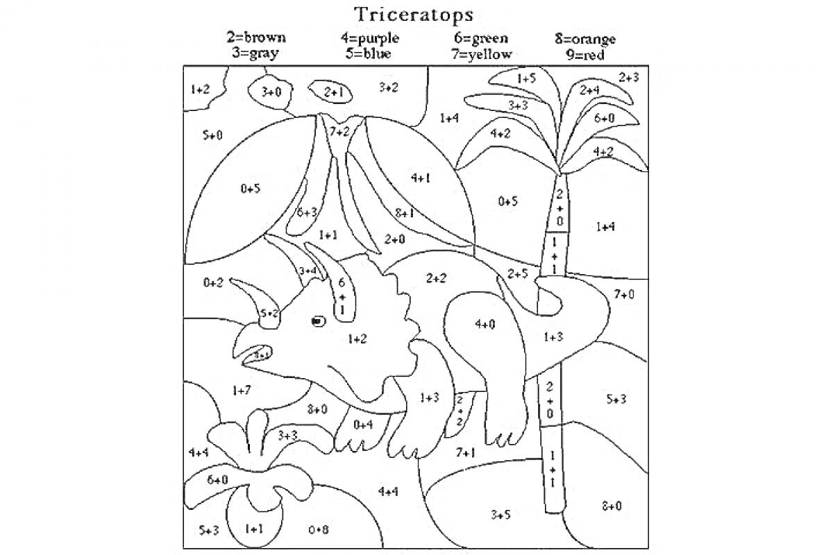 На раскраске изображено: Трицератопс, Динозавр, Пальмы, Растения, Цветы, Животные, Древний мир