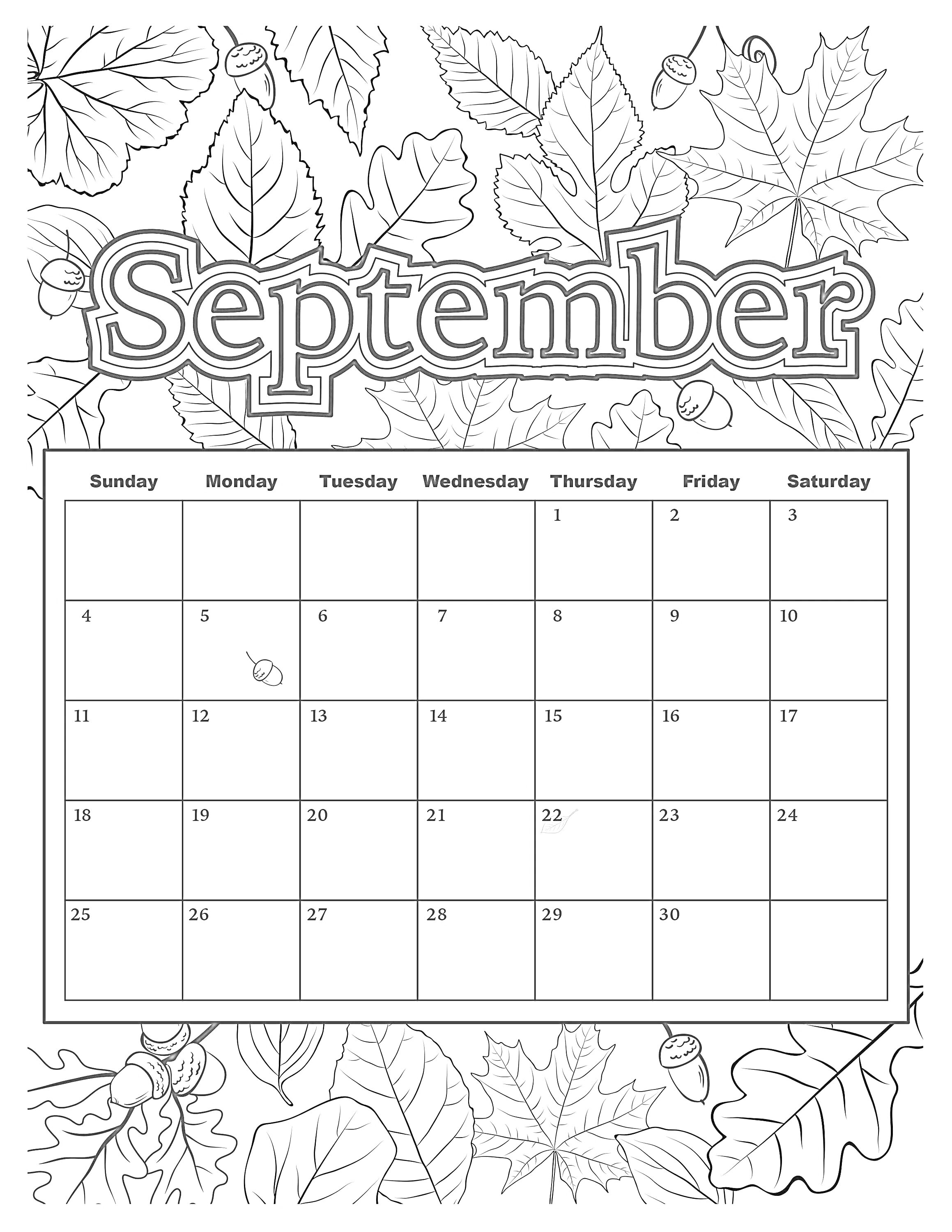 На раскраске изображено: Календарь, Сентябрь, Для детей, Листья, Желуди, Осень, Дни недели
