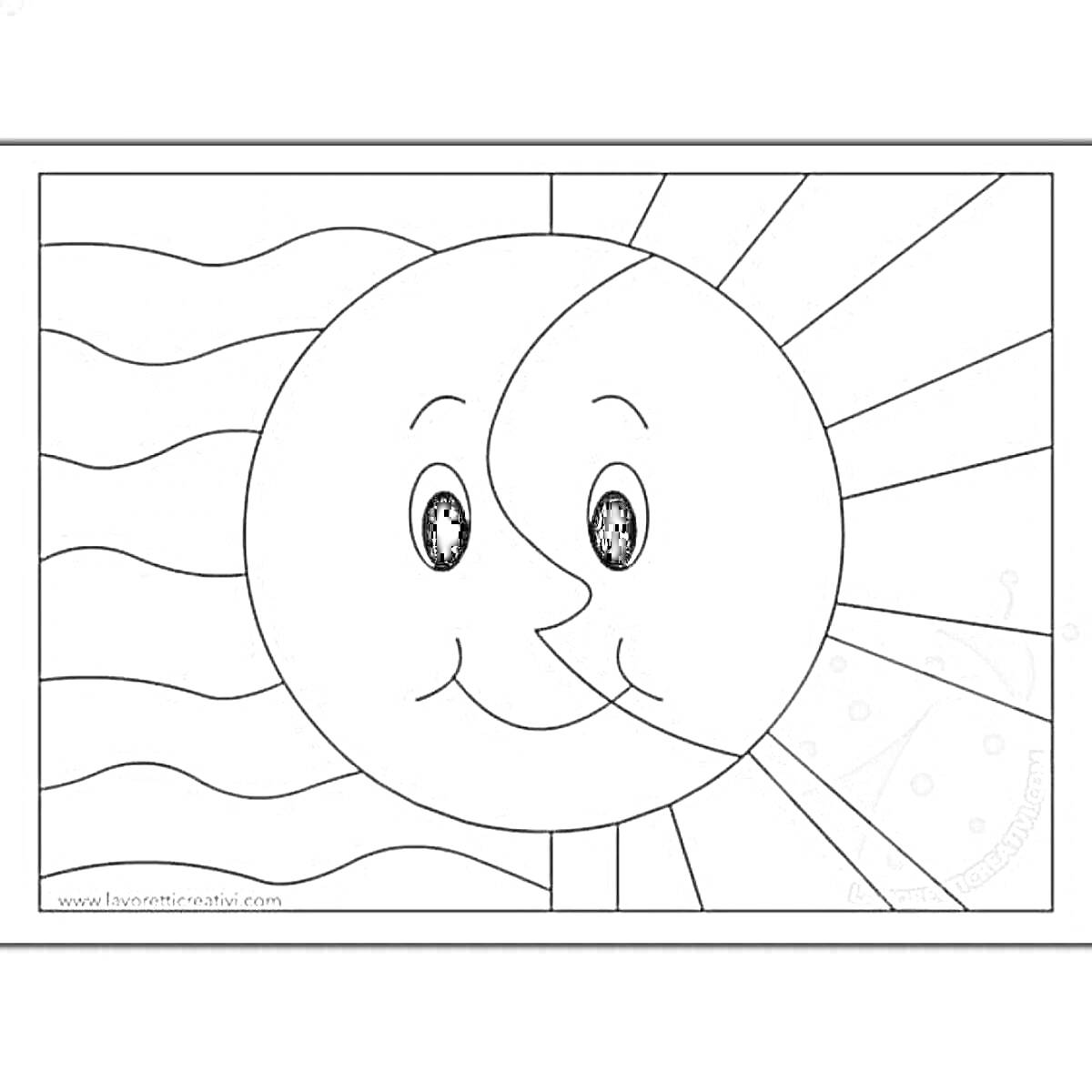 На раскраске изображено: Луна, Солнце, Волны, Лучи, Лицо, Смешные лица, День и ночь