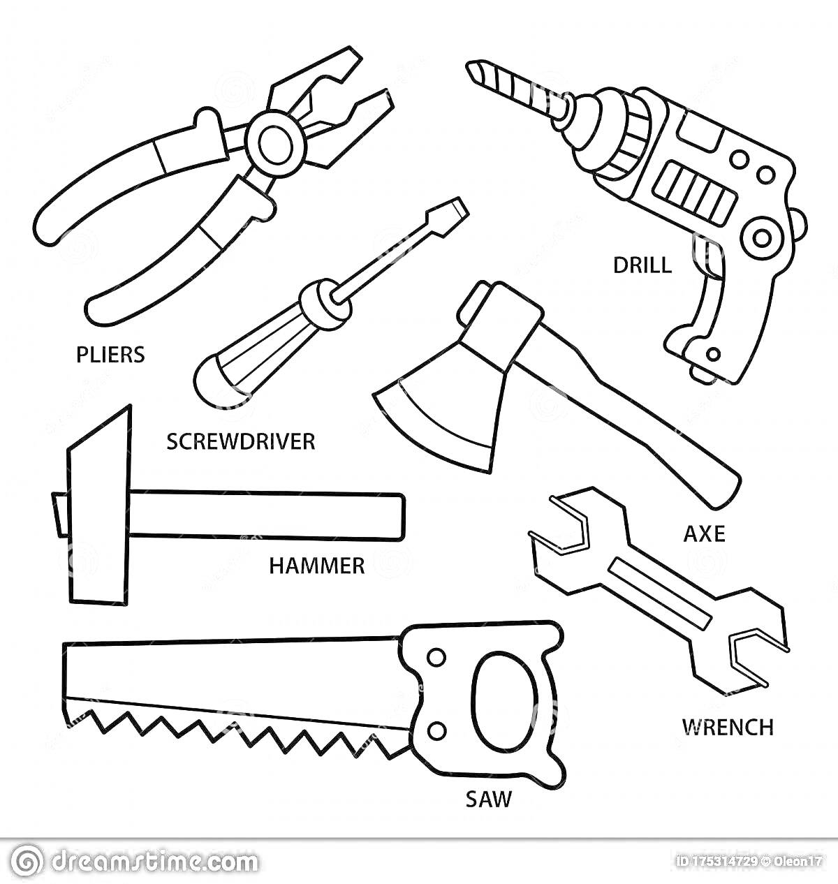 Раскраска Плоскогубцы, дрель, отвертка, топор, молоток, гаечный ключ, пила