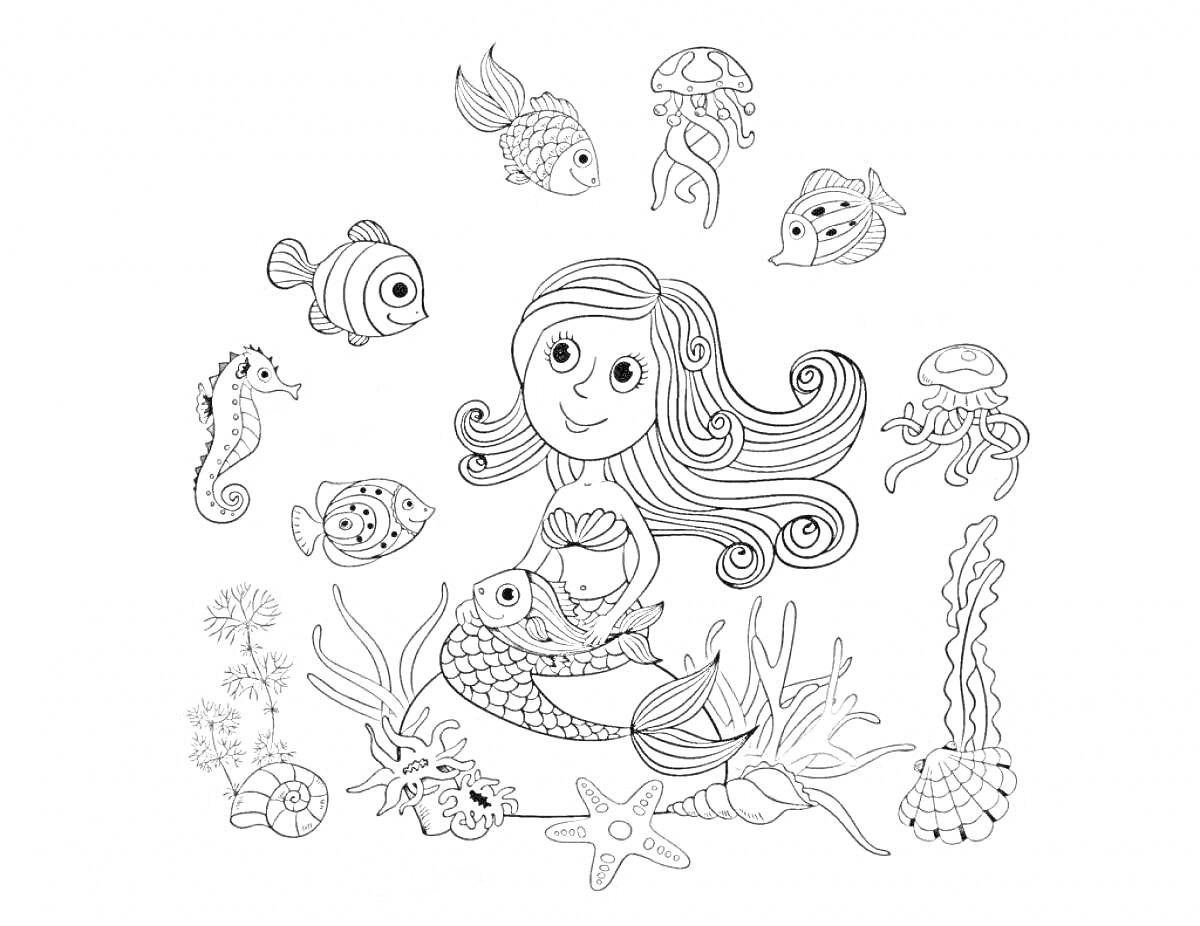 На раскраске изображено: Морские коньки, Подводные растения, Морские звезды, Море, Подводный мир