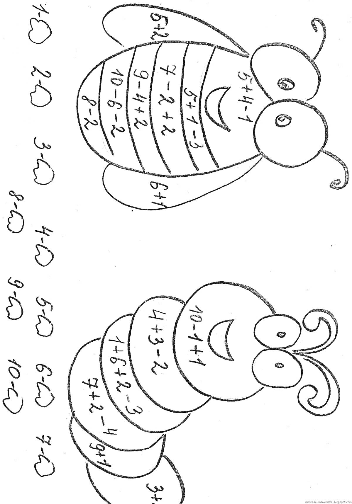 Раскраска раскраска с математическими задачами на животные - пчела и гусеница