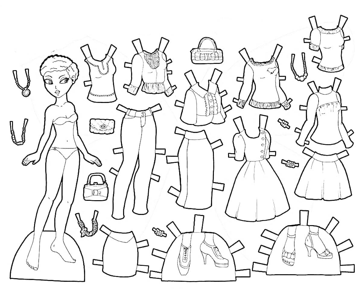 Бумажная кукла с гардеробом (юбки, брюки, платья, топы, обувь, аксессуары)