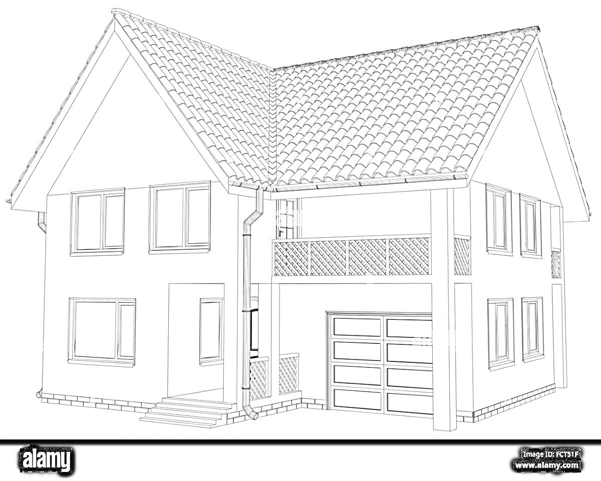 Раскраска Коттедж с фронтальной лестницей, большими окнами, балконом и гаражом