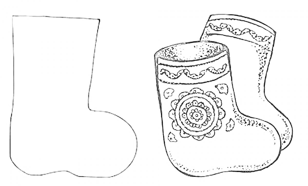 На раскраске изображено: Валенки, Обувь, Орнамент, Зима, Традиции, Этнический стиль, Узоры