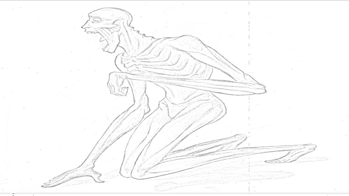 Раскраска SCP Skromnik, худое существо на коленях с вытянутыми перед собой длинными руками