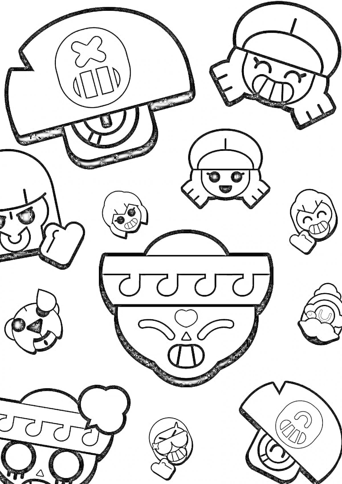 Раскраска смайлики персонажей из игры Браво Старс, включая смайлики с каской, девушкой с косичками, черепом в маске и другими забавными выражениями лиц