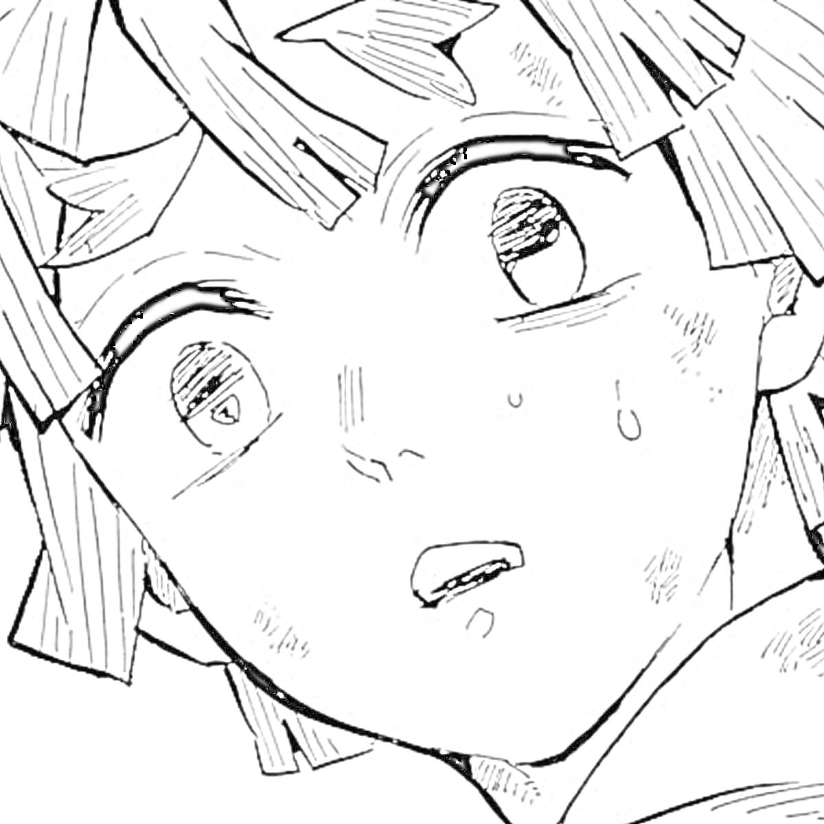 Раскраска Зеницу Агацума - лицо персонажа с широкими глазами и испуганным выражением, волосы с рваными прядями, капли пота на щеке