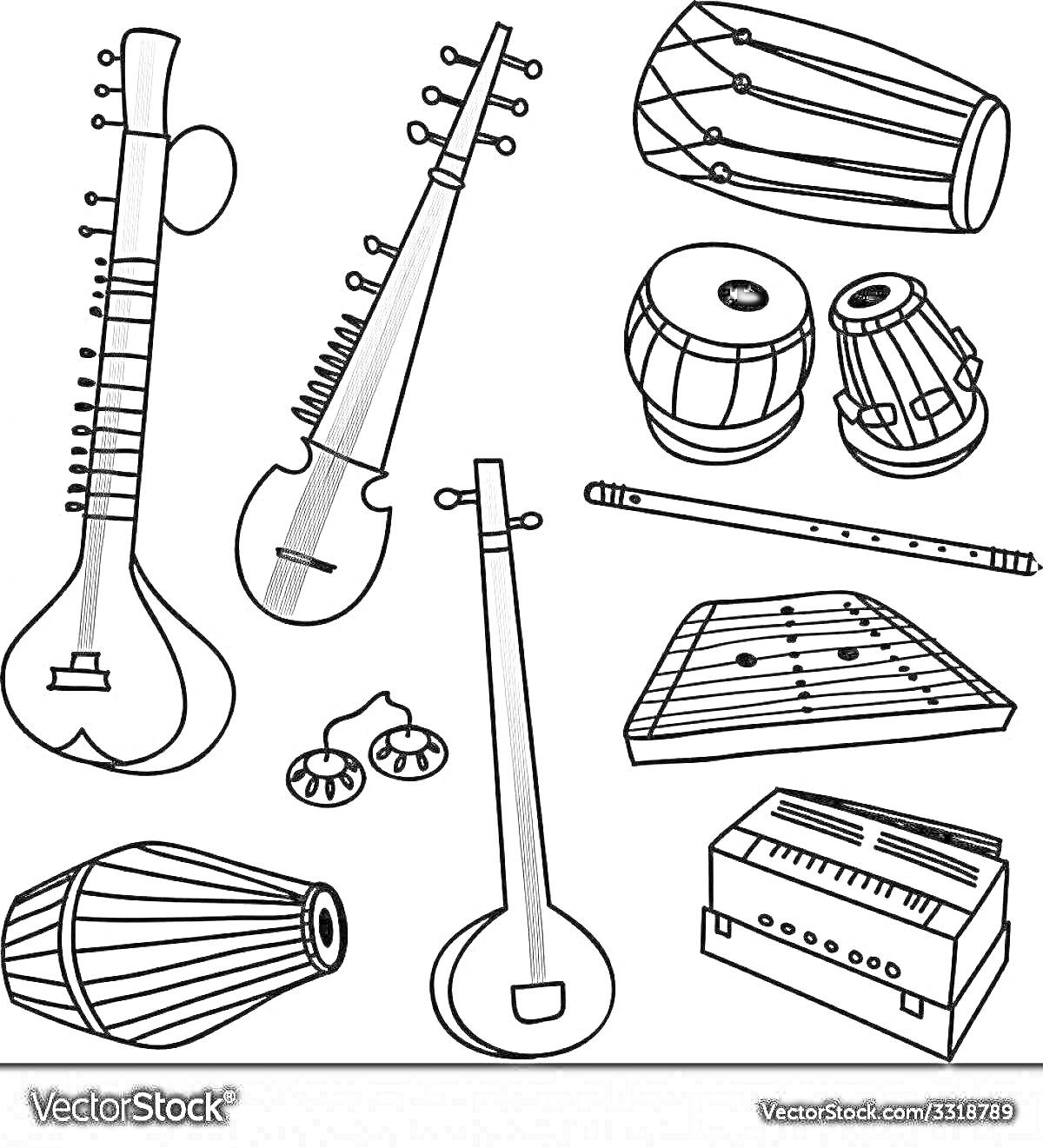 Раскраска Раскраска с народными музыкальными инструментами: ситара, сарод, мриданга, табла, флейта, чимта, сантур, гармониум